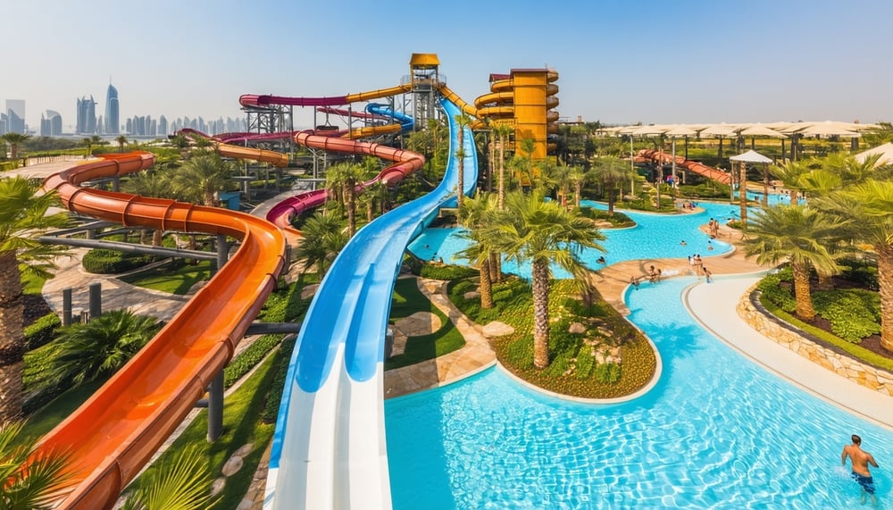 Aerial view of Aquaventure World Dubai with water slides and pools Aerial view of Aquaventure World Dubai with water slides and pools