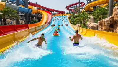 People enjoying water slides and attractions at Aquaventure World Dubai People enjoying water slides and attractions at Aquaventure World Dubai
